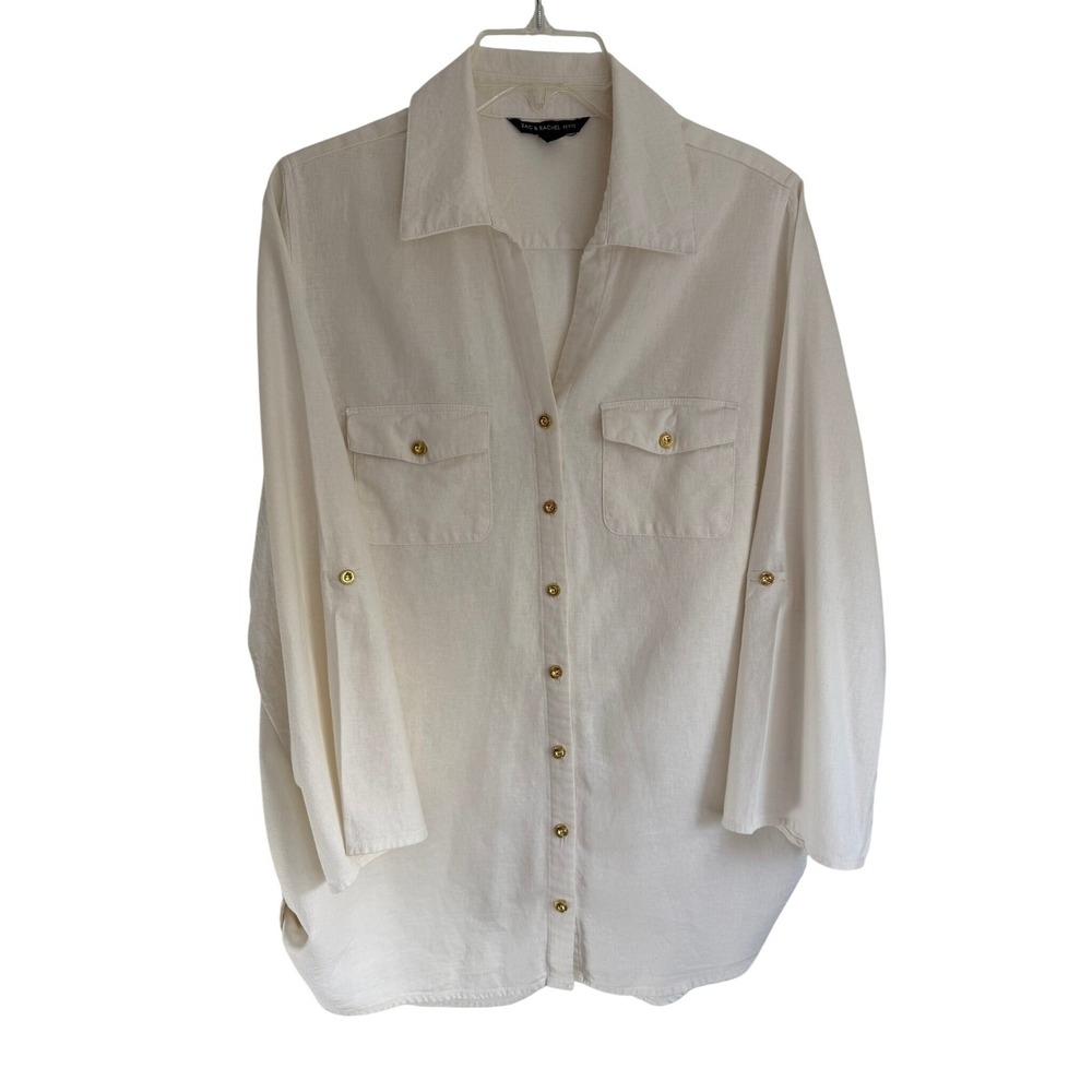 Zac & Rachel Petite White Linen Blend Roll Tab Button‎ Down Shirt PM